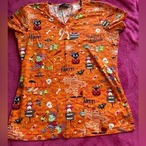 Halloween Themed Orange Scrub Top